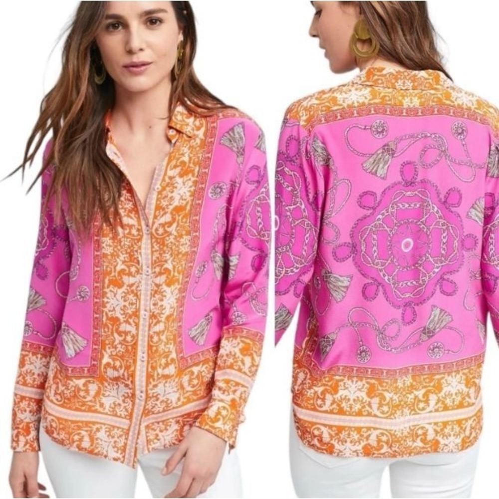 Anthropologie Maeve Size 4 Potala Runa 100% Silk Pink Button Down Blouse Boho